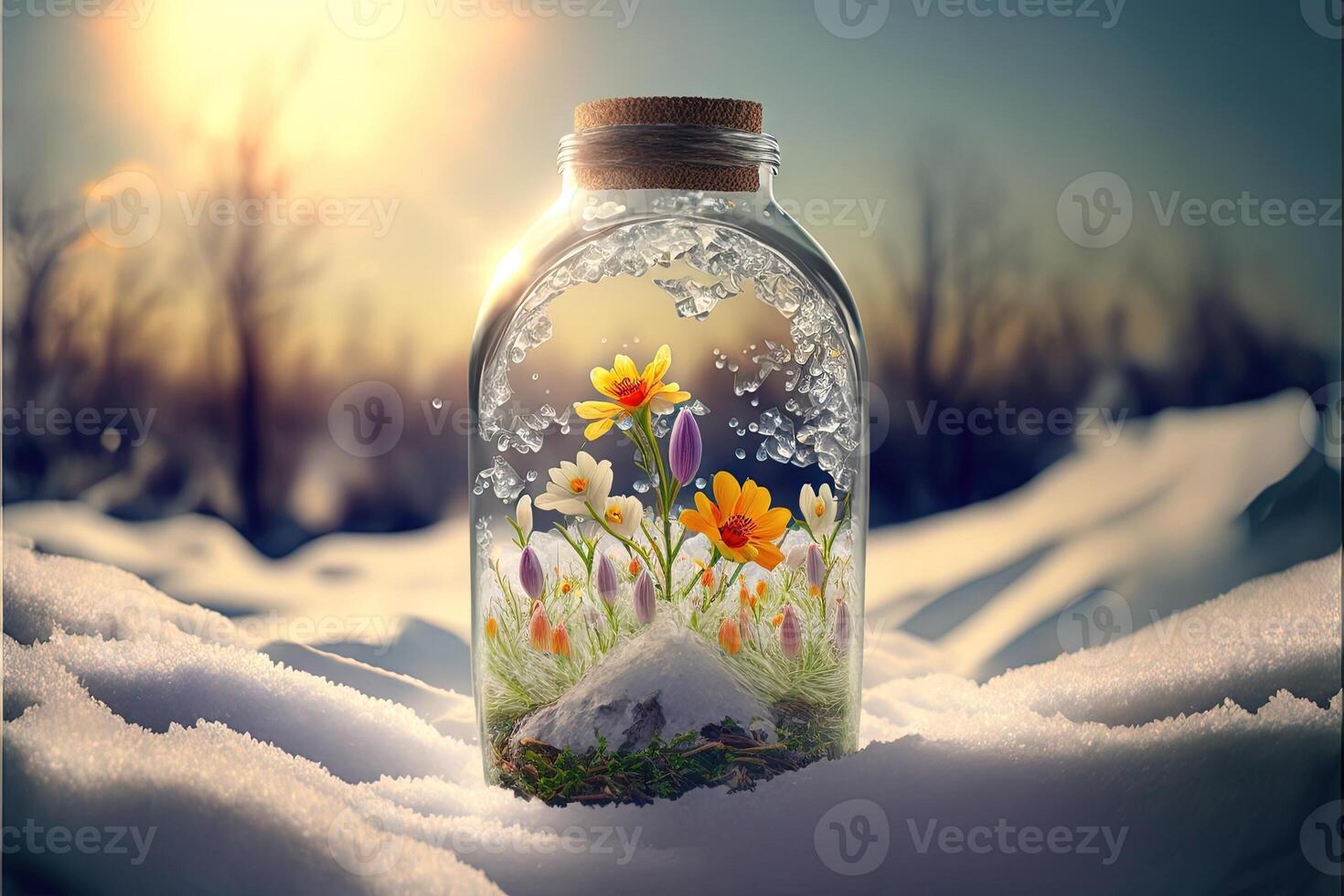 primavera es en un botella fuera de nieve y hielo de invierno ilustración generativo ai foto