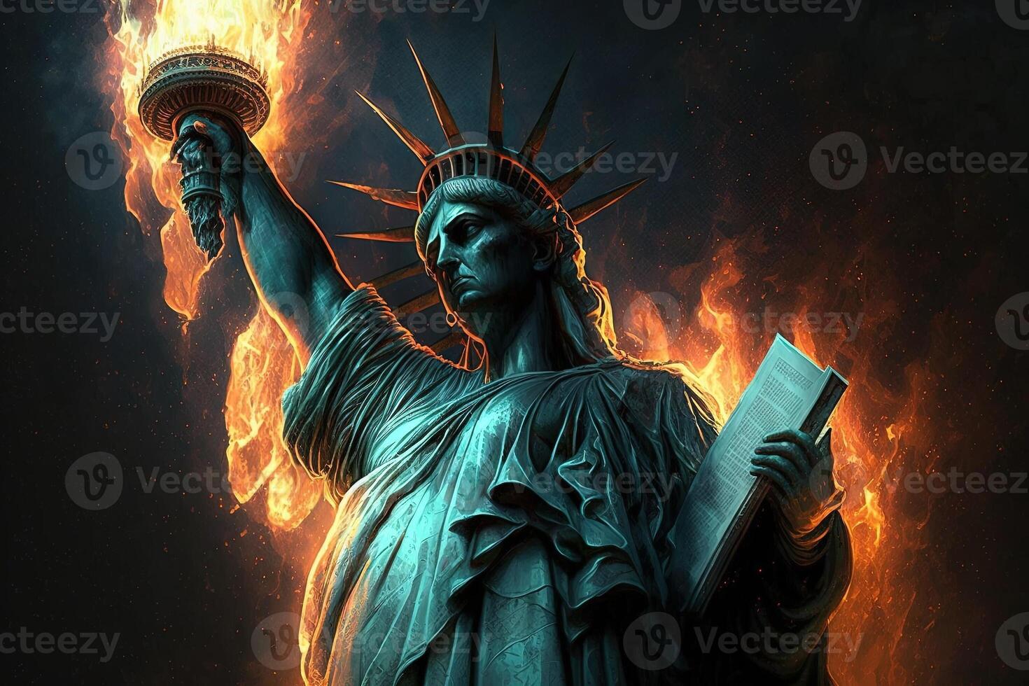 statue of liberty burning in new york city illustration 23914227 Stock