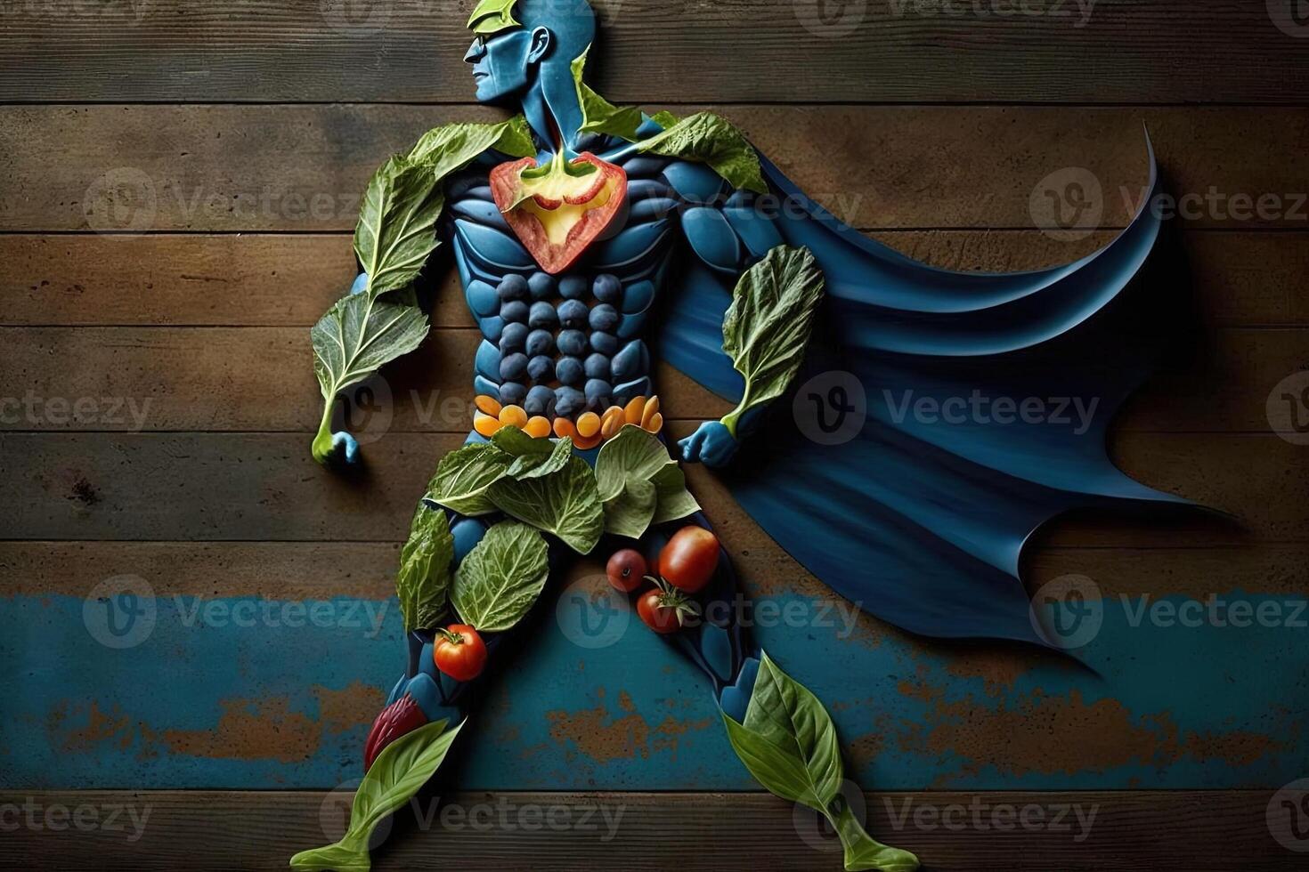 superhéroe sano comida Fruta y vegetales ilustración generativo ai foto