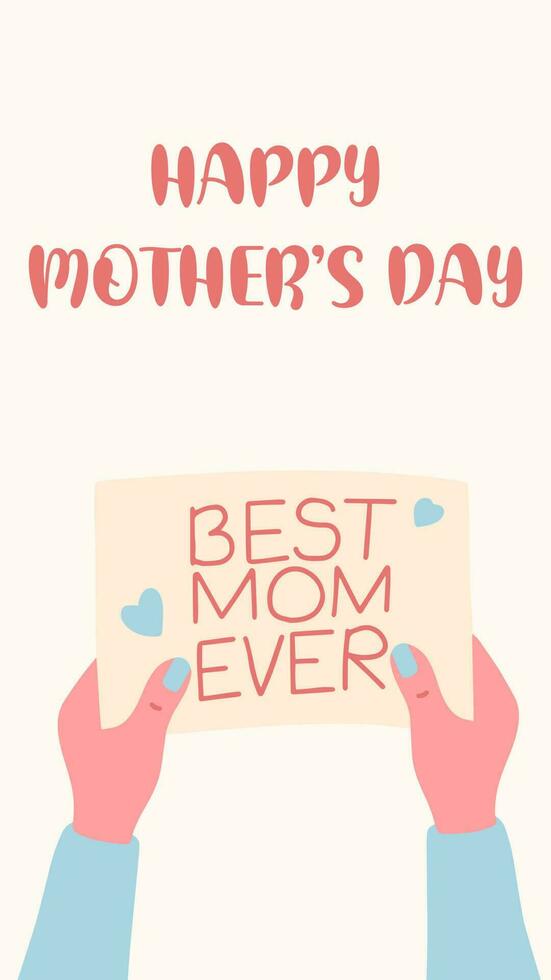 Mom holding a card from a kid in her hands. Present from a child on mothers day vector illustration template for stories.