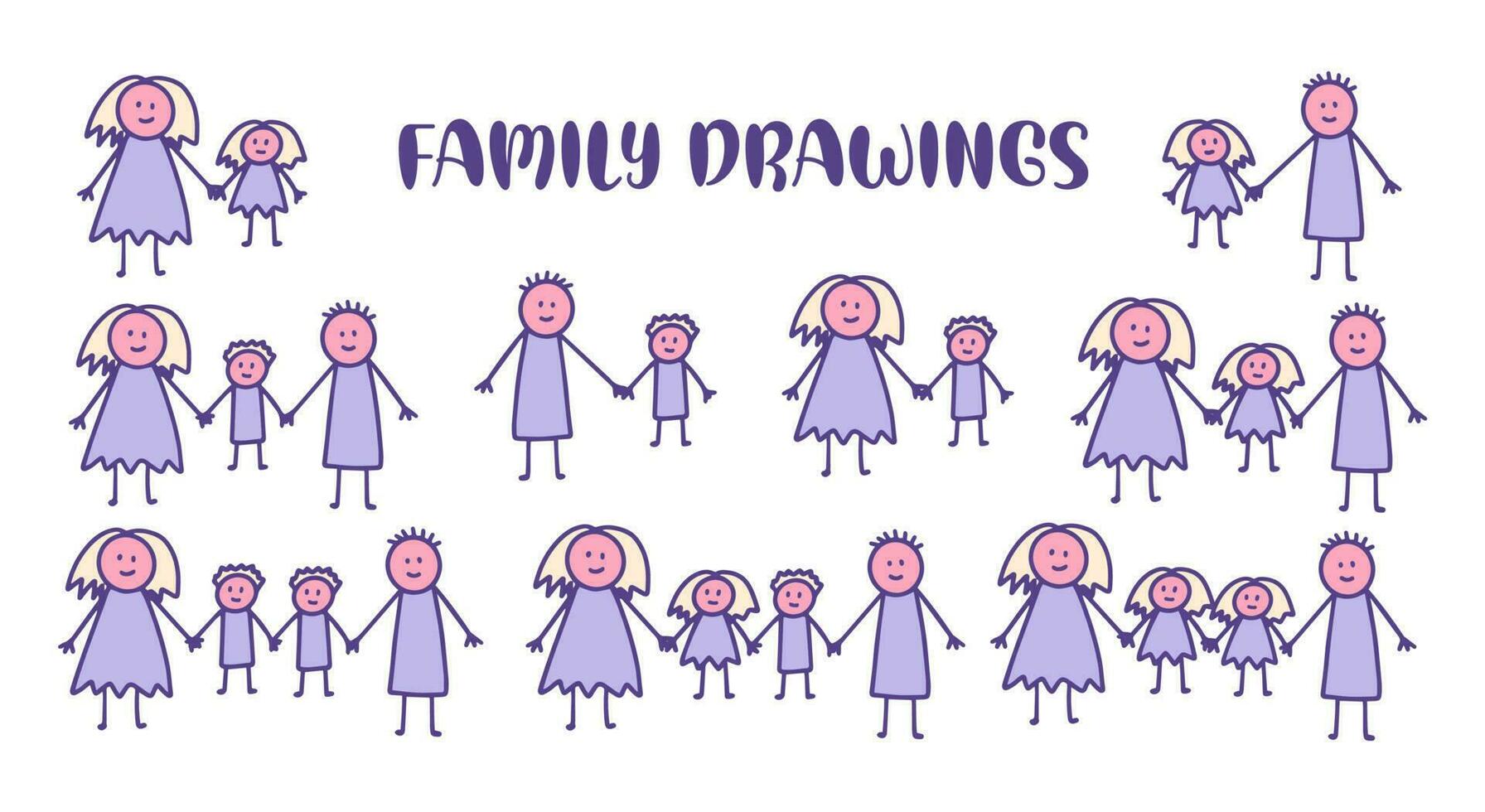 Set of kids doodle with different family drawings. vector