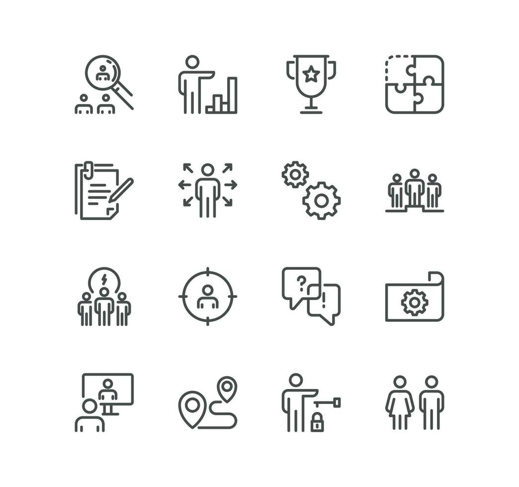 Set of business people and human resources related icons, office, management, collaboration, research, meeting, teamwork and linear variety vectors. vector