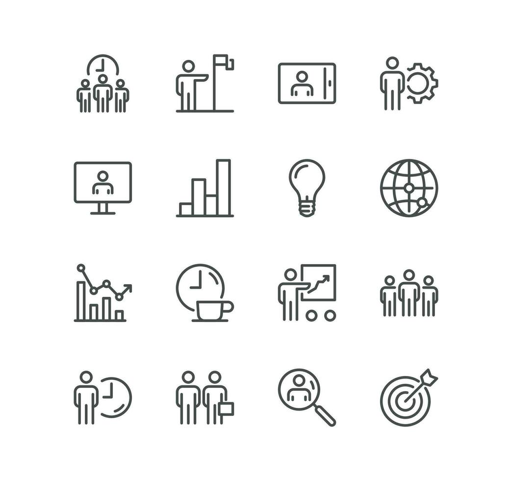 Set of business people and human resources related icons, office, management, collaboration, research, meeting, teamwork and linear variety vectors. vector