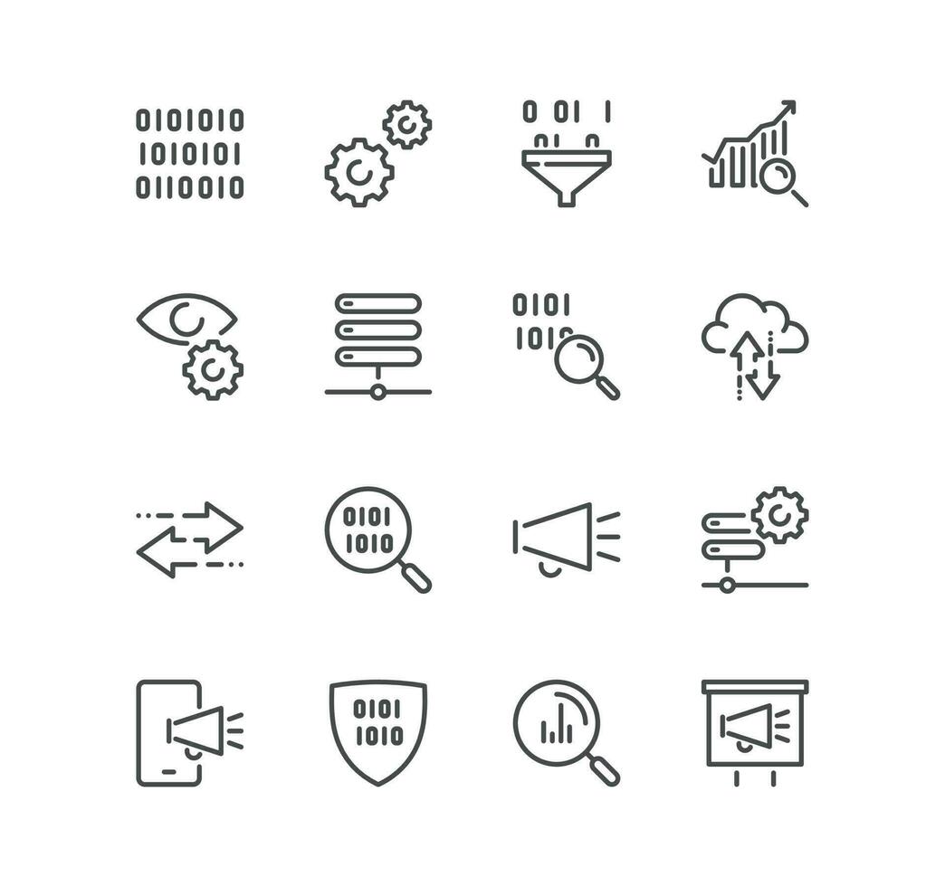 Set of data analysis related icons, charts, graphs, traffic analysis, datum, compute, reports, filter, research and linear variety vectors. vector