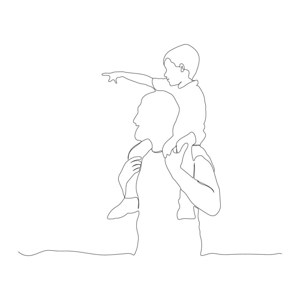 Small boy is sitting on his father's shoulder continuous line drawing. Fatherhood concept line art.  Happy Father's Day line art. father and son line art. vector