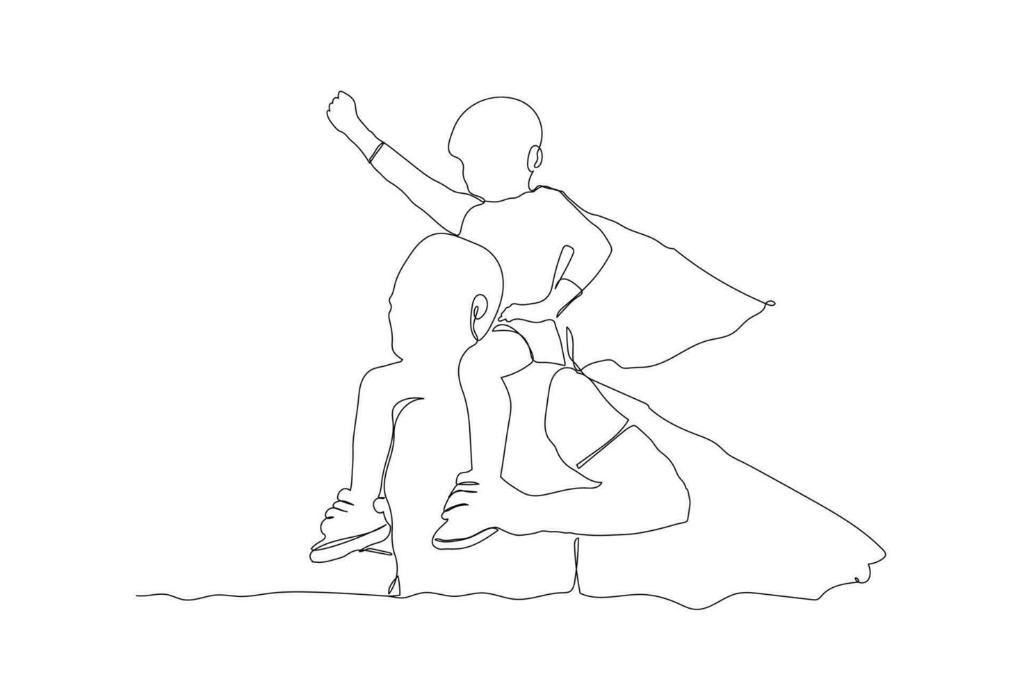 Father and son superman costumes continuous line art drawing. Hero Father and child line art.  Father's day line art. Fatherhood concept line art. vector
