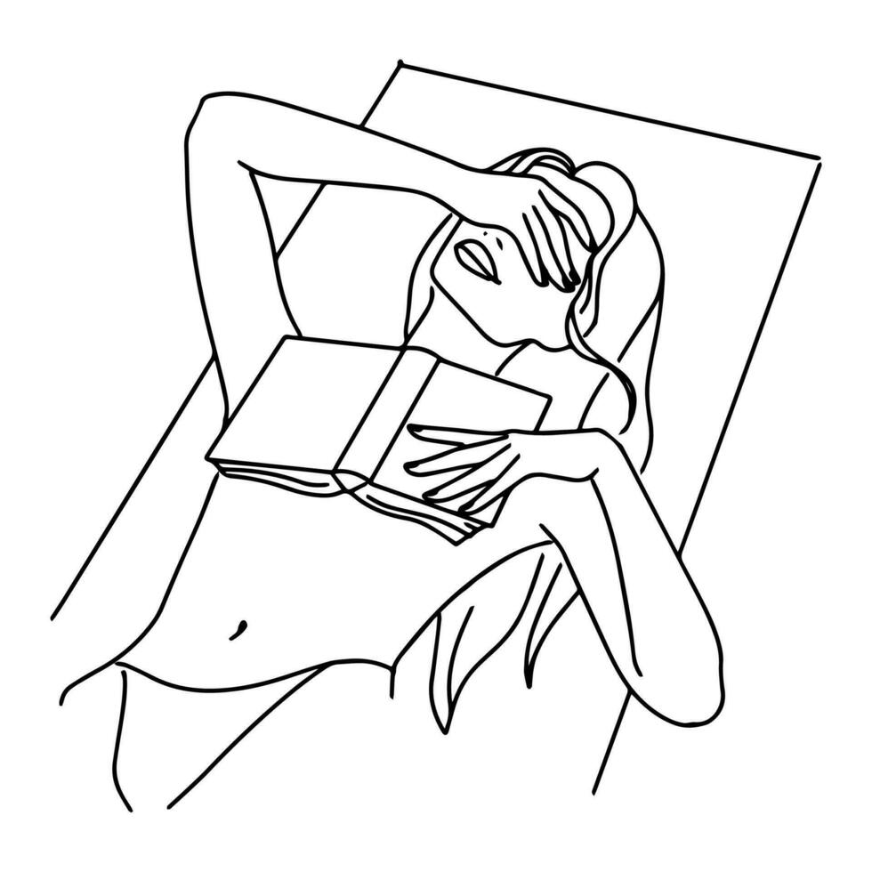 A young woman is reading a book on a sun lounger and sunbathing. Vector illustration sketch doodle hand drawn with black lines isolated on white background.