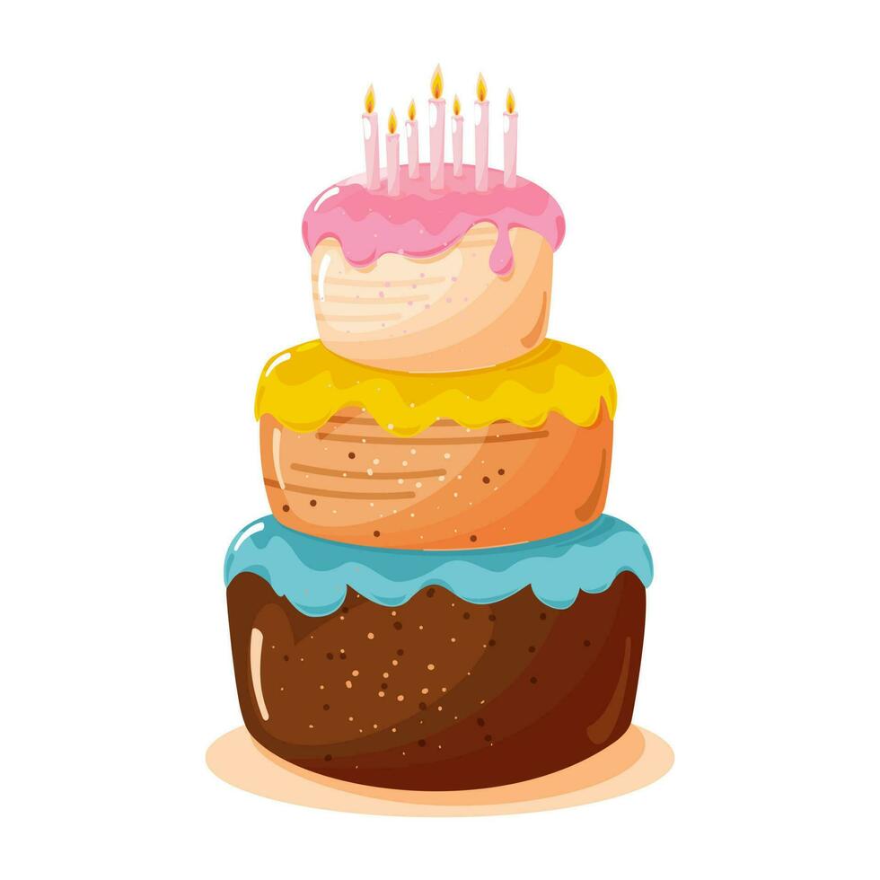 Three-tiered cake with candles on a white background. 2d vector, cartoon style. vector