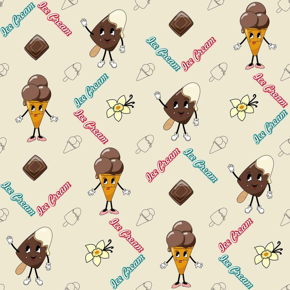 Seamless pattern with ice cream characters in 70s style vector