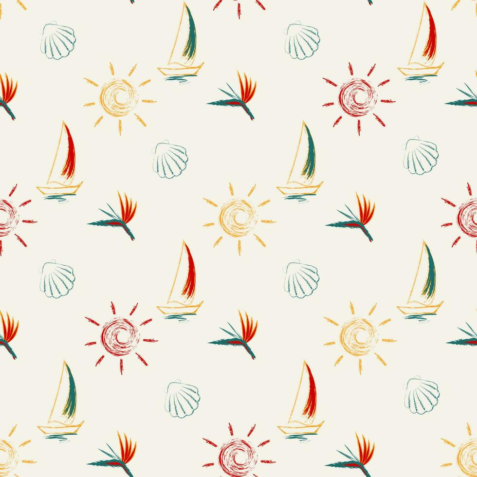 Sailboat, sun, tropical flowers, shells. Seamless pattern, isolated. Bright, juicy summer colors vector