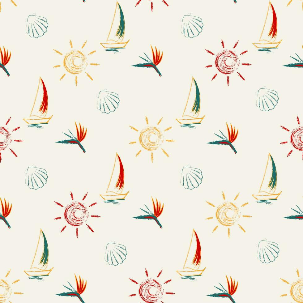 velero, sol, tropical flores, conchas sin costura patrón, aislado. brillante, jugoso verano colores vector