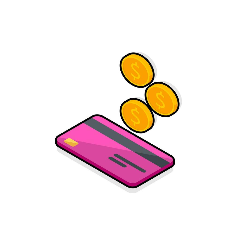 Cash get a bank card Pink left view - Black Stroke with Shadow icon vector isometric. Cashback service and online money refund. Concept of transfer money, e-commerce, saving account.
