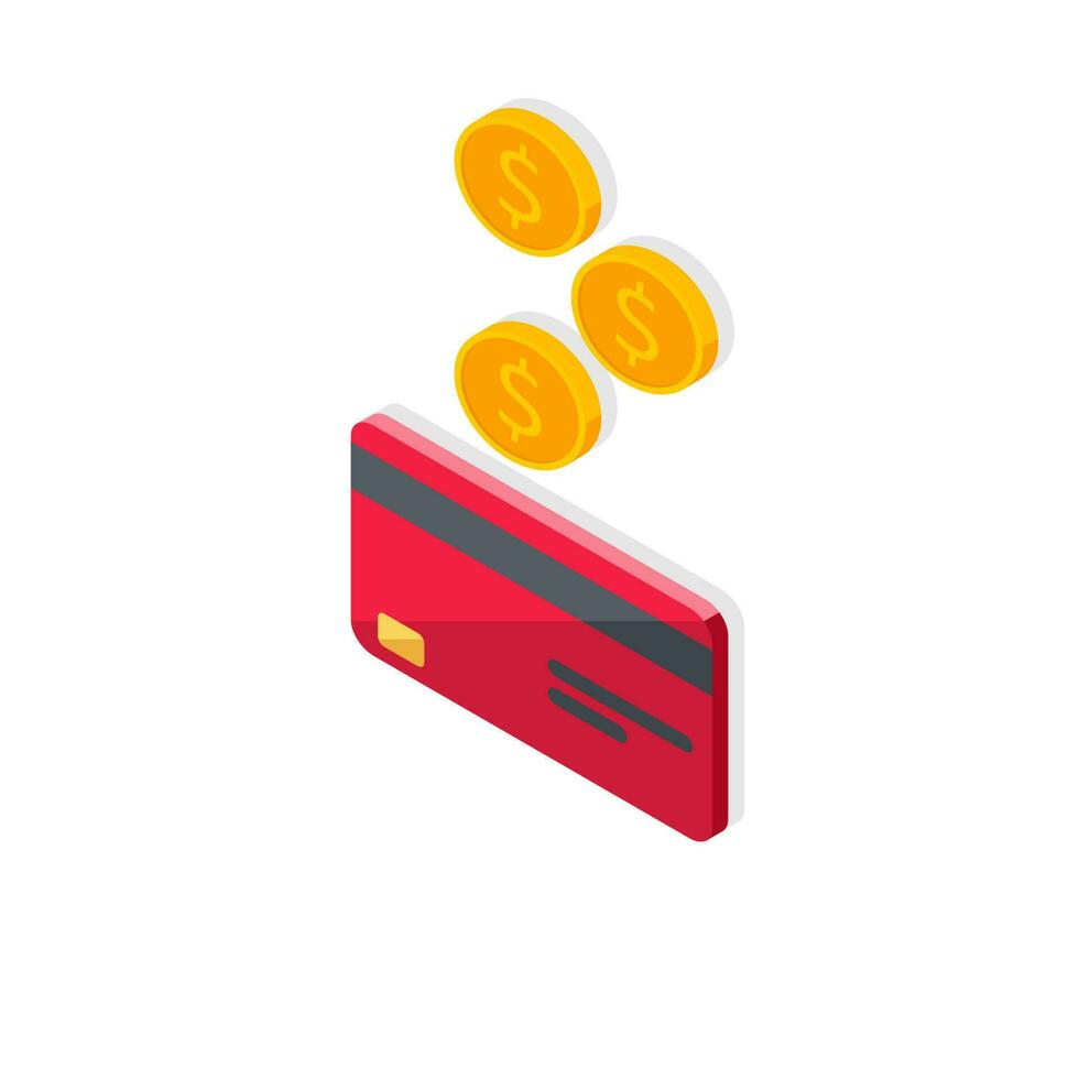 Cash get a bank card Red left view - Shadow icon vector isometric. Cashback service and online money refund. Concept of transfer money, e-commerce, saving account.