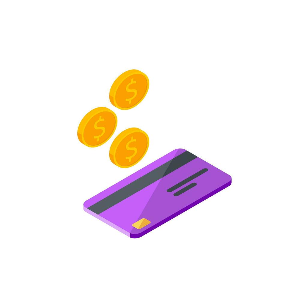 Cash get a bank card Purple right view - White Background icon vector isometric. Cashback service and online money refund. Concept of transfer money, e-commerce, saving account.