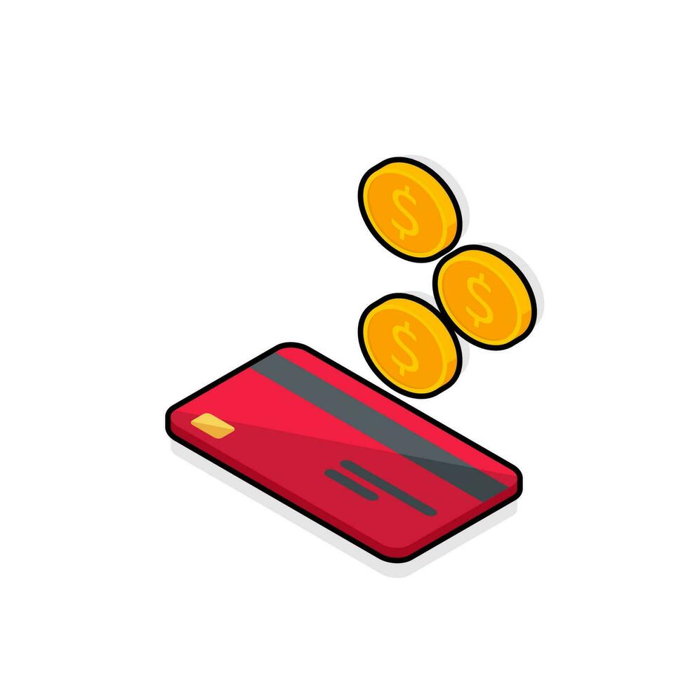 Cash get a bank card Red left view - Black Stroke with Shadow icon vector isometric. Cashback service and online money refund. Concept of transfer money, e-commerce, saving account.