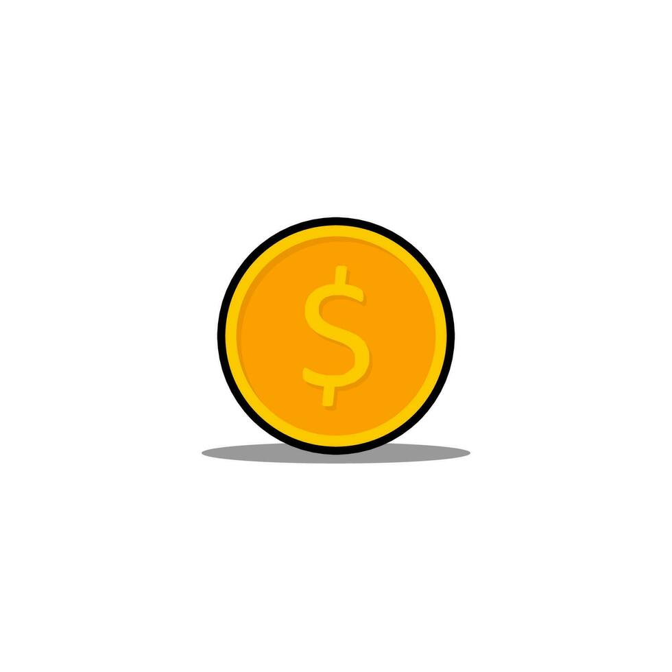 Gold coin Black Stroke and Shadow icon vector isolated. Flat style vector illustration.