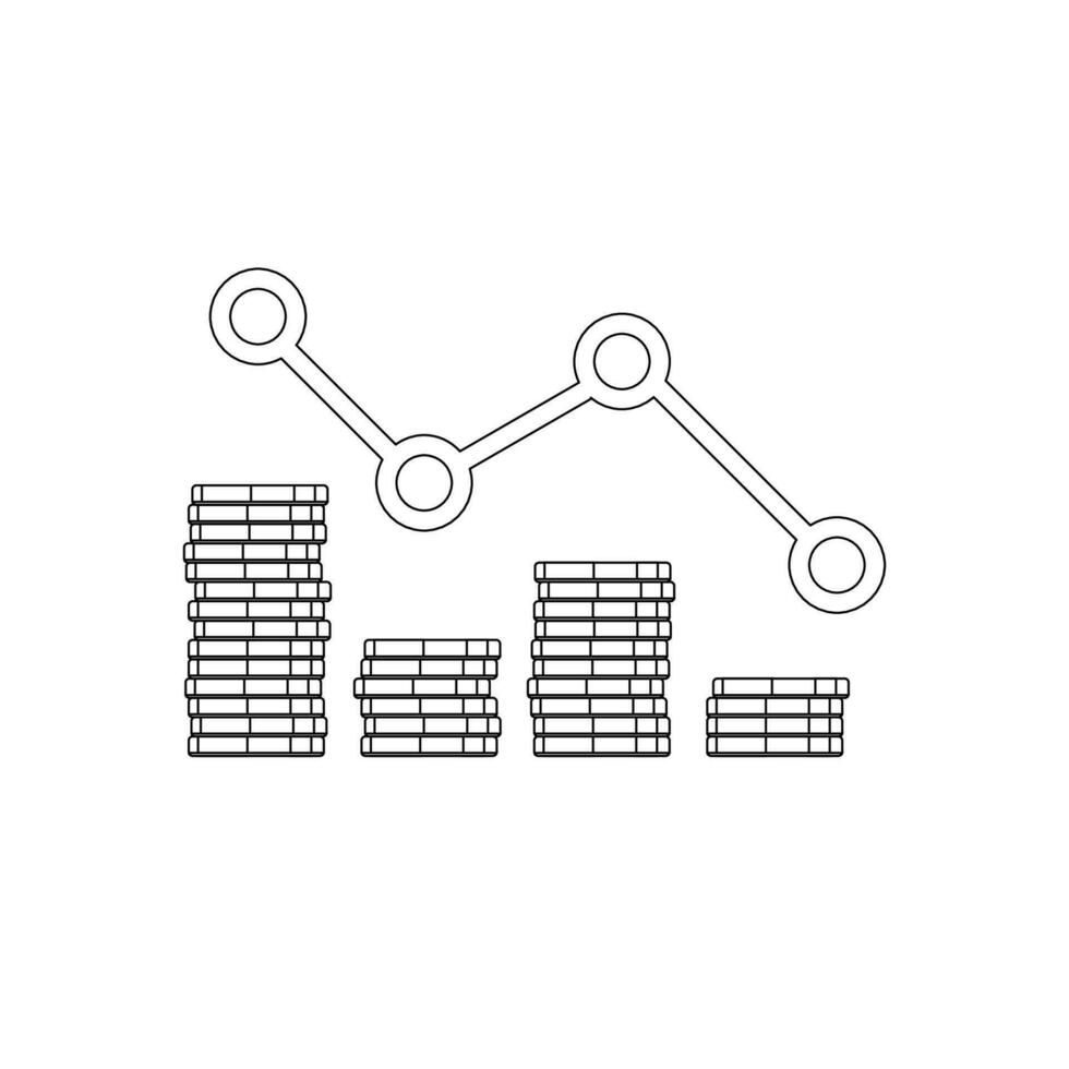 Gold coins price down red graph Black Outline icon vector isolated. Price dollar down. Flat style vector illustration.