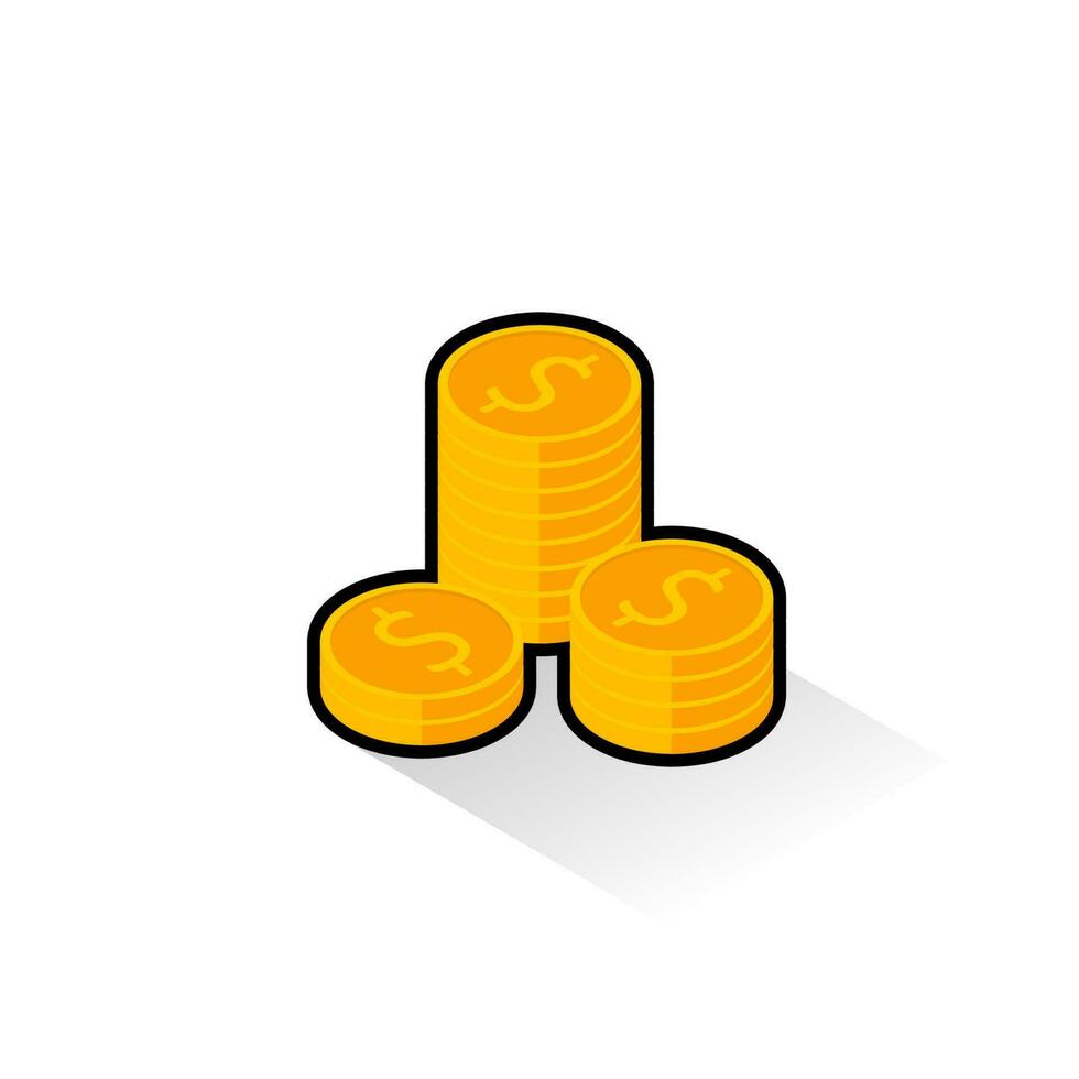 Gold coins stack Black Stroke and Shadow icon vector isometric. Flat style vector illustration.