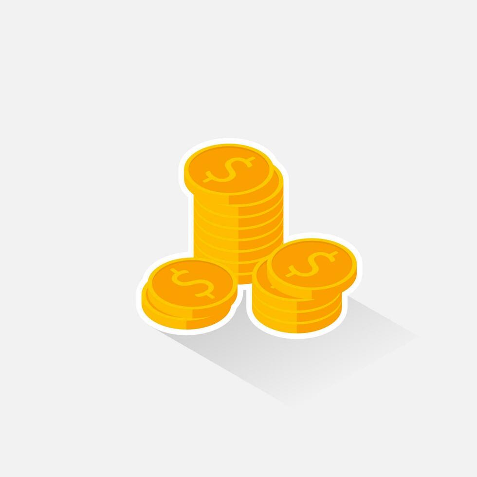 Gold coins stack White Stroke and Shadow icon vector isometric. Flat style vector illustration.