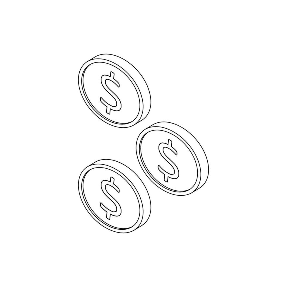 Gold coin falling left view Black Outline icon vector isometric. Flat style vector illustration.