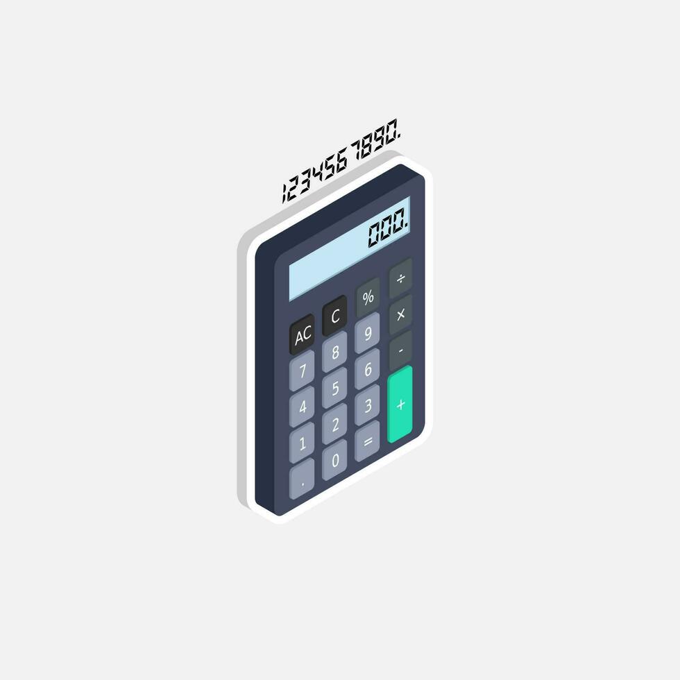 Calculator and Digital number right view White Stroke and Shadow icon vector isometric. Flat style vector illustration.