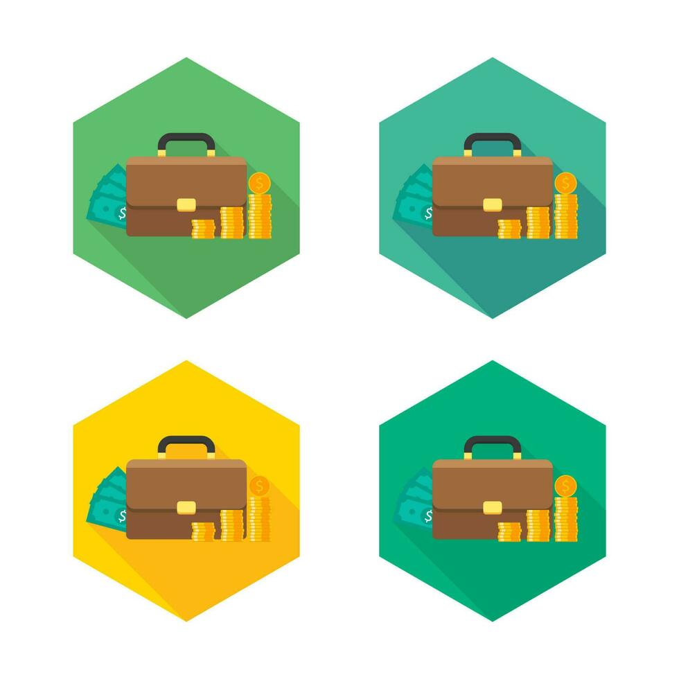Briefcase, Dollar money cash icon, Gold coin stack icon vector isolated. Flat style vector illustration.
