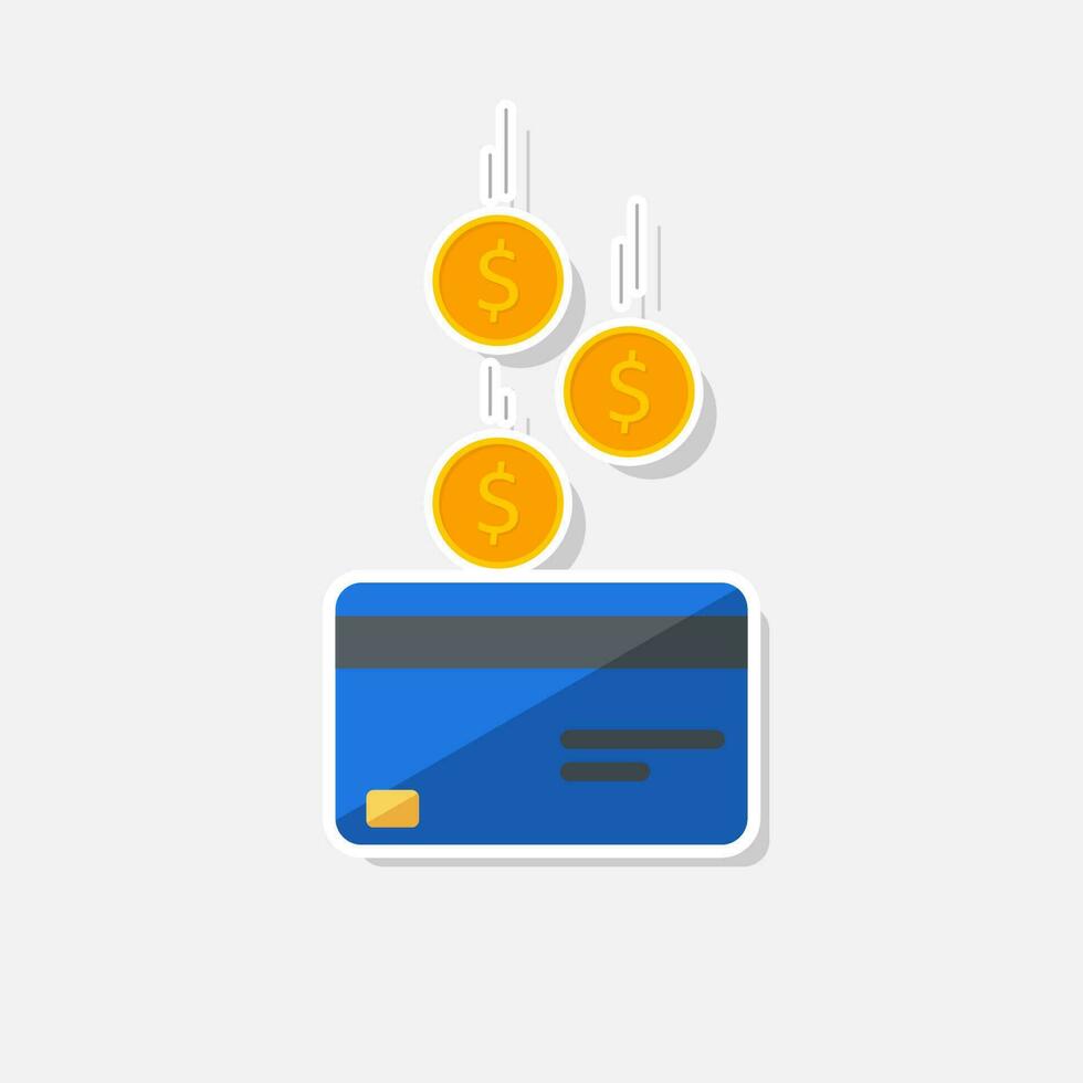 Cash get a bank card Blue - White Stroke with Shadow icon vector isolated. Cashback service and online money refund. Concept of transfer money, e-commerce, saving account.