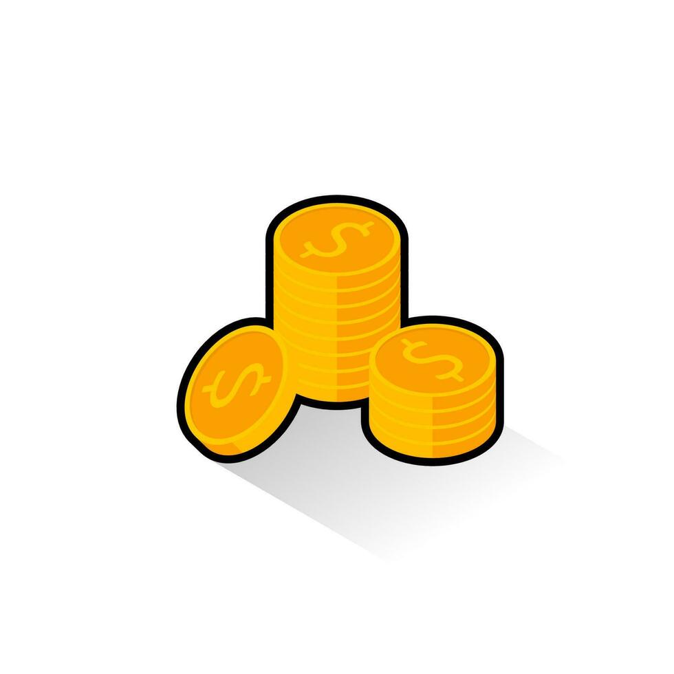 Gold coins stack Black Stroke and Shadow icon vector isometric. Flat style vector illustration.