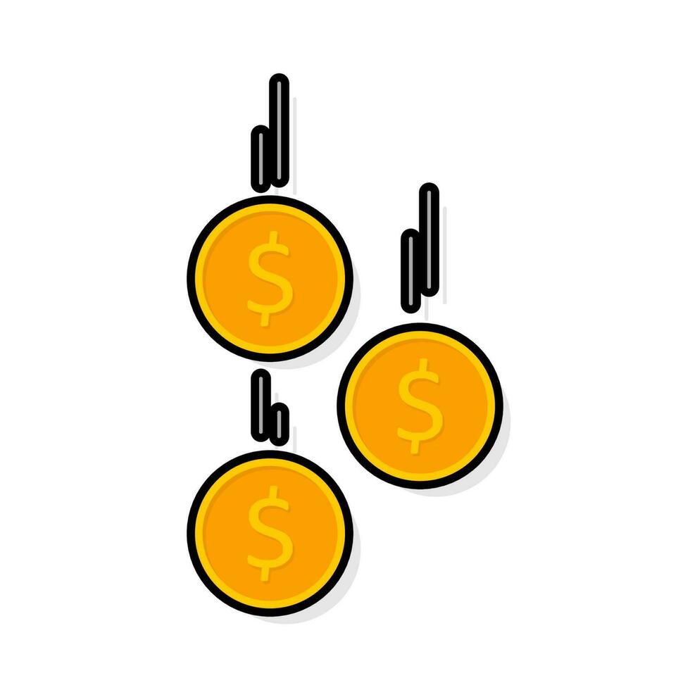 Gold coins falling Black Stroke and Shadow icon vector isolated. Flat style vector illustration.