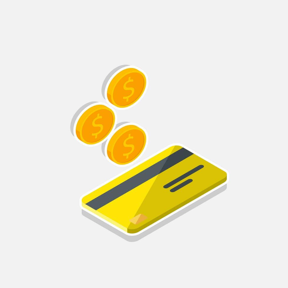 Cash get a bank card Yellow right view - White Stroke with Shadow icon vector isometric. Cashback service and online money refund. Concept of transfer money, e-commerce, saving account.