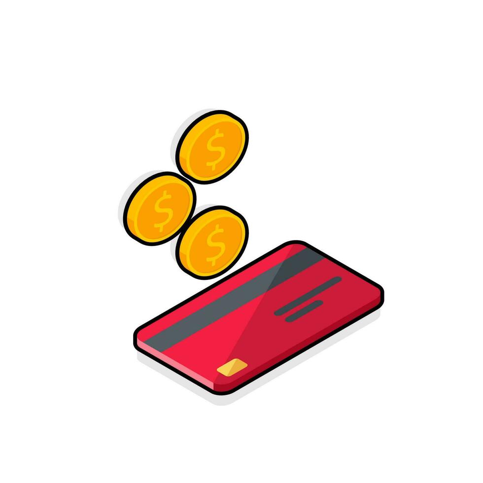 Cash get a bank card Red right view - Black Stroke with Shadow icon vector isometric. Cashback service and online money refund. Concept of transfer money, e-commerce, saving account.