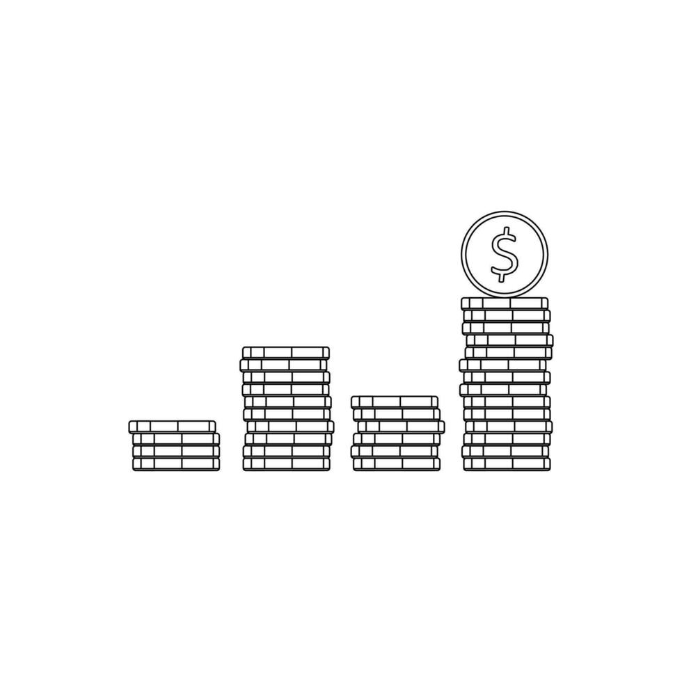 Gold coins stack Black Outline icon vector isolated. Flat style vector illustration.