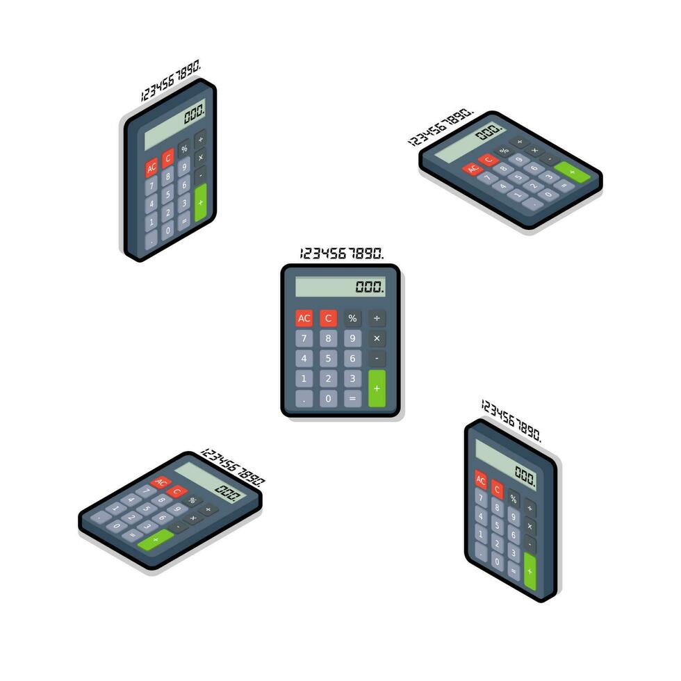 Calculator and Digital number Isometric and Flat Black Stroke and Shadow icon vector. Flat style vector illustration.