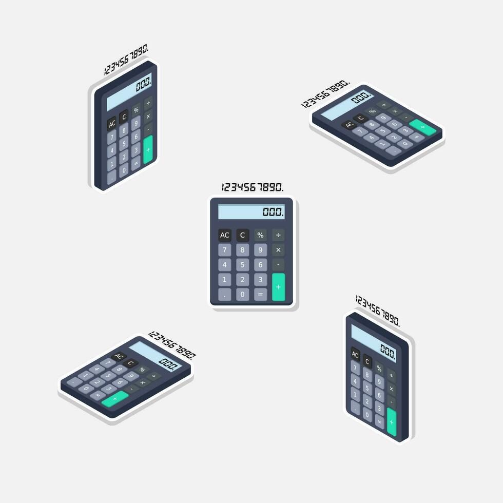 Calculator and Digital number Isometric and Flat White Stroke and Shadow icon vector. Flat style vector illustration.