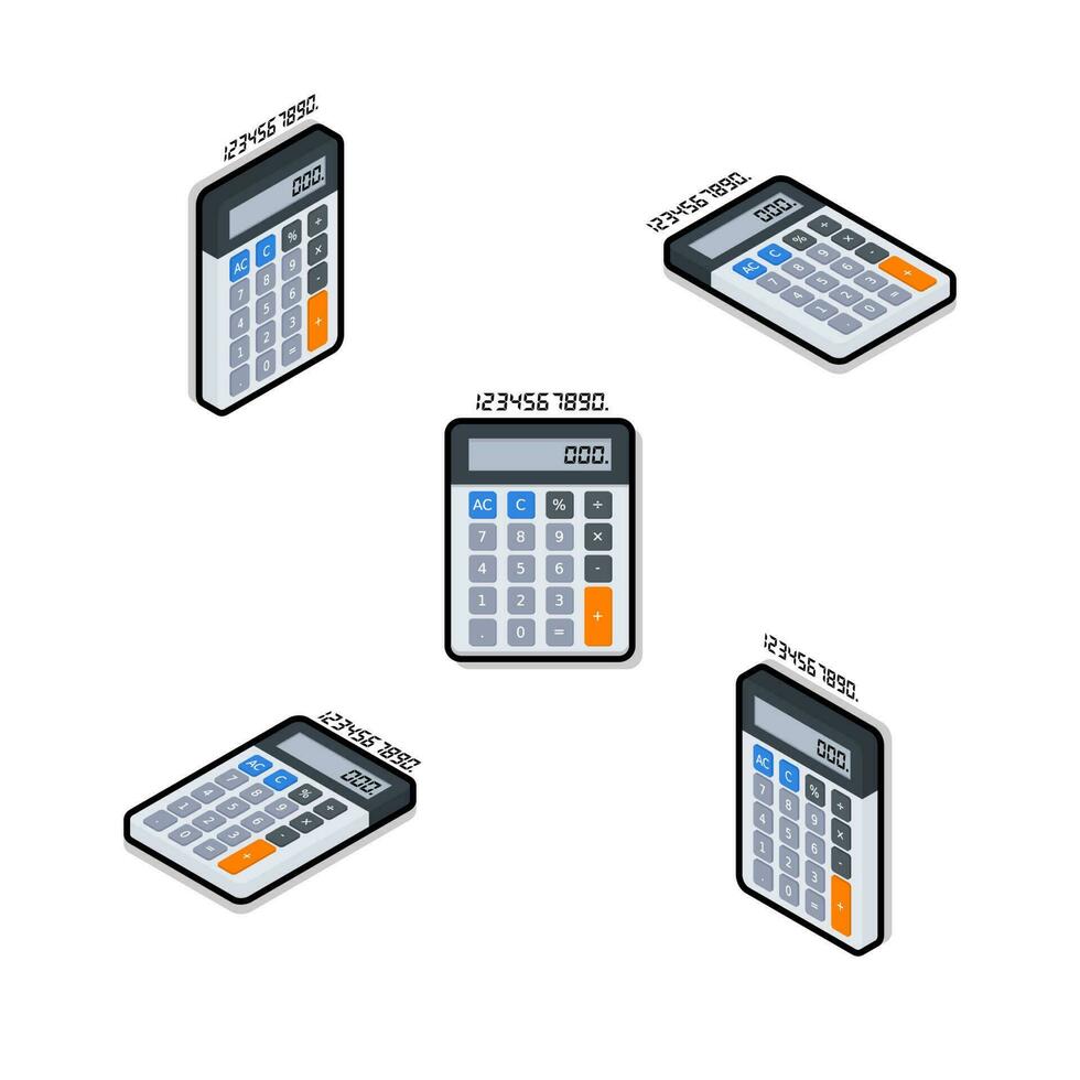 calculadora y digital número isométrica y plano negro carrera y sombra icono vector. plano estilo vector ilustración.