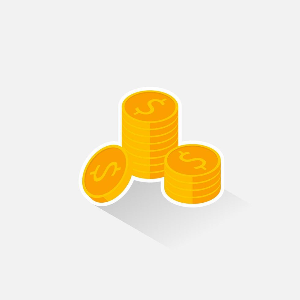 Gold coins stack White Stroke and Shadow icon vector isometric. Flat style vector illustration.