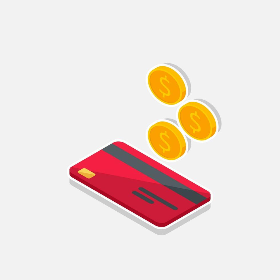 Cash get a bank card Red left view - White Stroke with Shadow icon vector isometric. Cashback service and online money refund. Concept of transfer money, e-commerce, saving account.