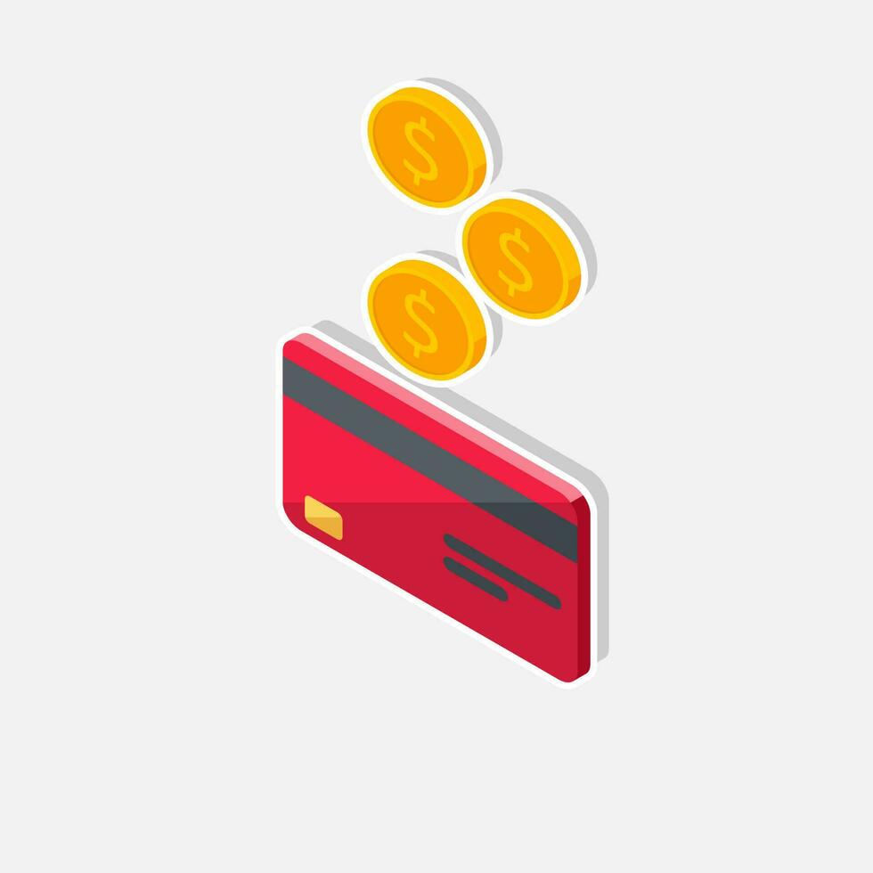 Cash get a bank card Red left view - White Stroke with Shadow icon vector isometric. Cashback service and online money refund. Concept of transfer money, e-commerce, saving account.
