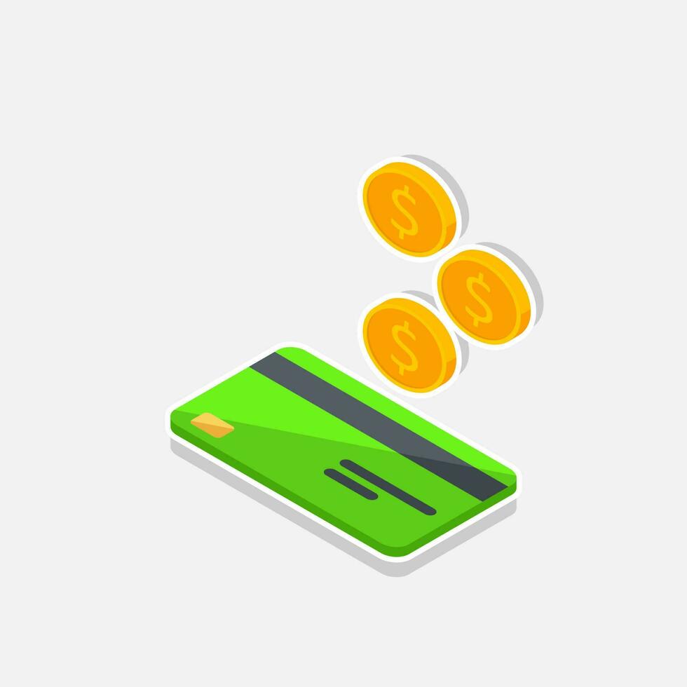 Cash get a bank card Green left view - White Stroke with Shadow icon vector isometric. Cashback service and online money refund. Concept of transfer money, e-commerce, saving account.
