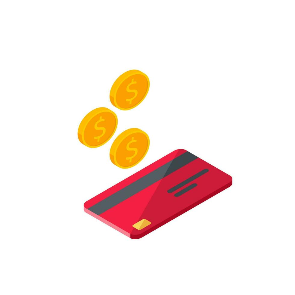 Cash get a bank card Red right view - White Background icon vector isometric. Cashback service and online money refund. Concept of transfer money, e-commerce, saving account.