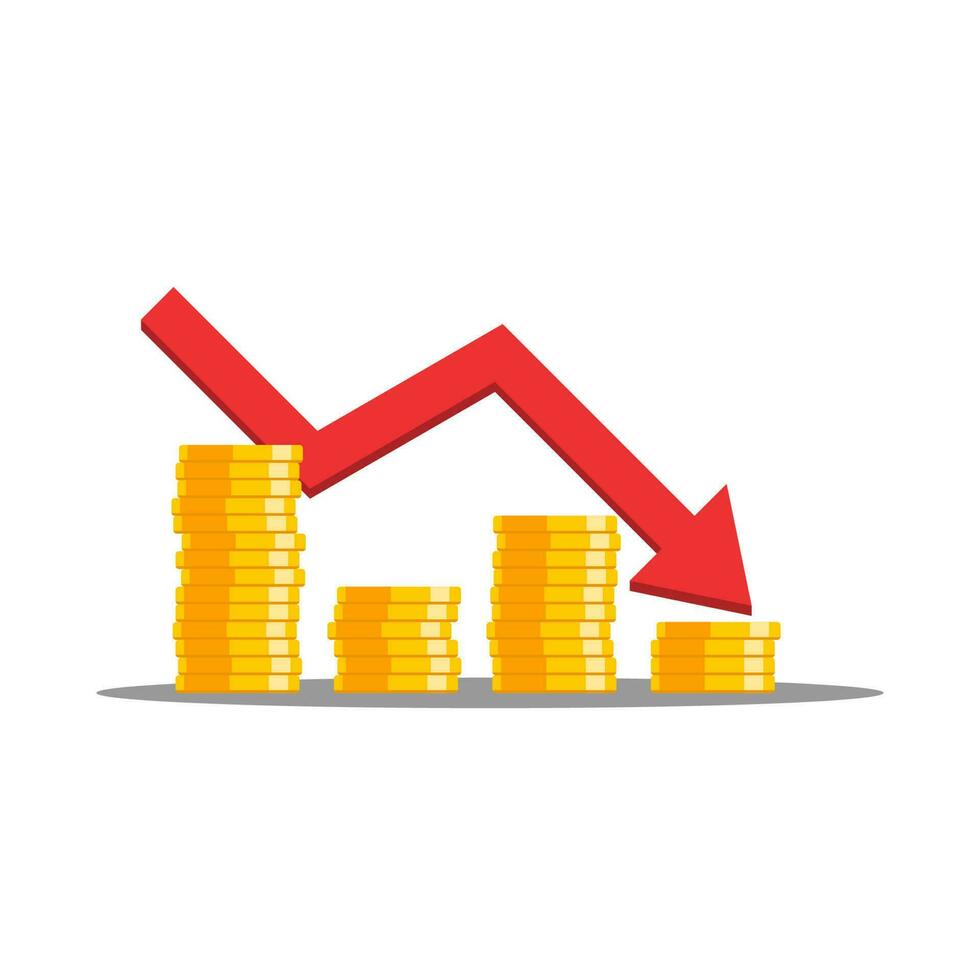 Gold coins price down red graph Shadow icon vector isolated. Price dollar down. Flat style vector illustration.