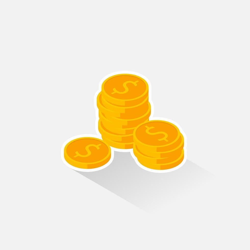 Gold coins stack White Stroke and Shadow icon vector isometric. Flat style vector illustration.