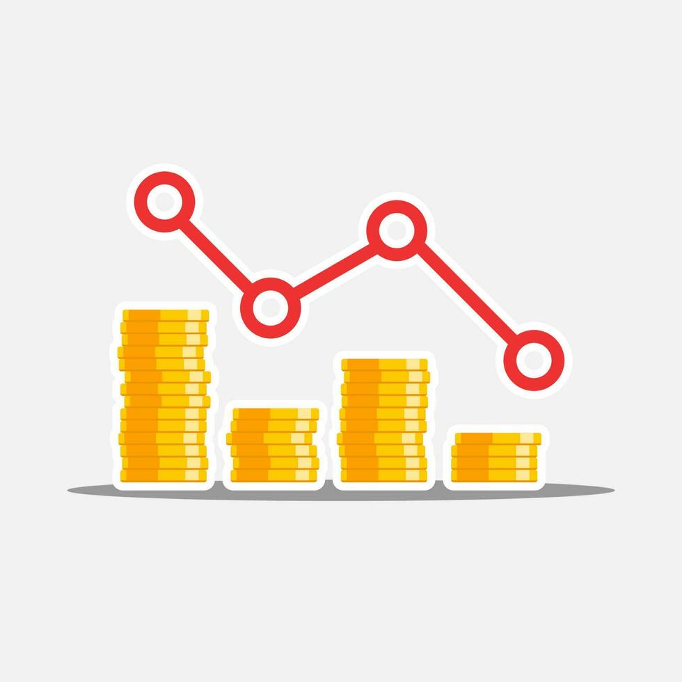 Gold coins price down red graph White Stroke and Shadow icon vector isolated. Price dollar down. Flat style vector illustration.