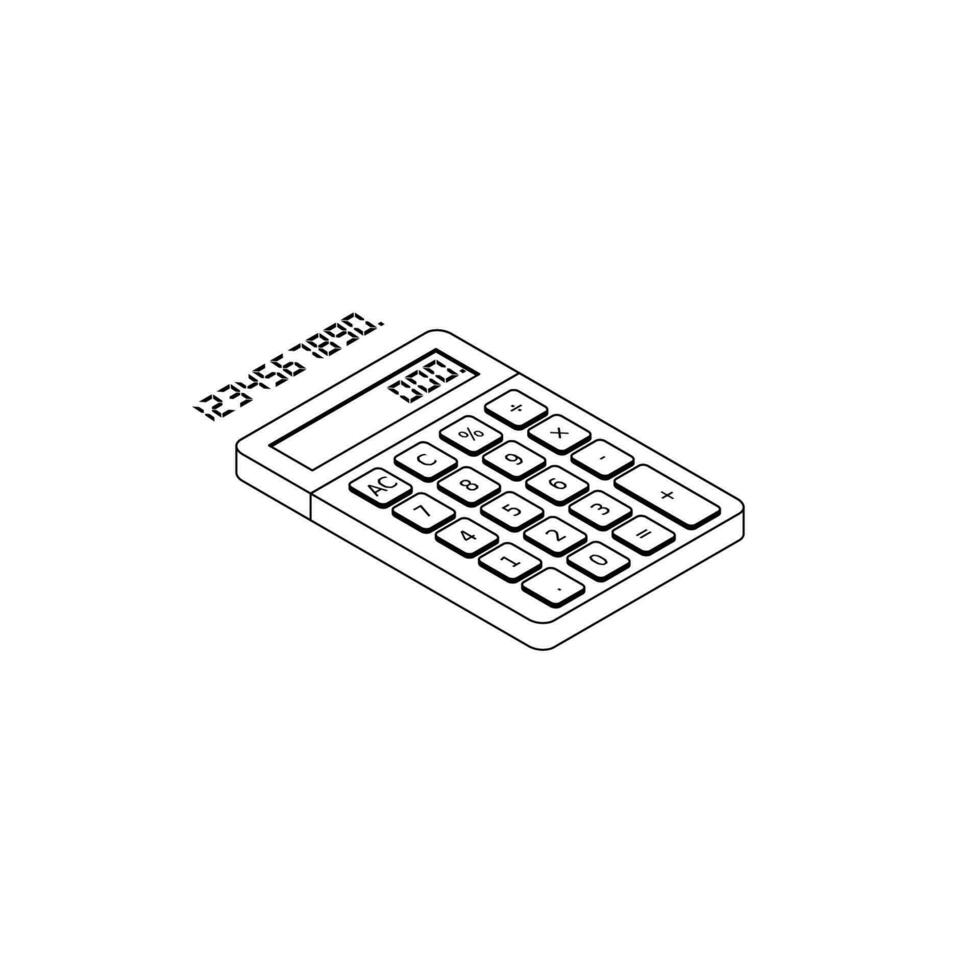 Calculator and Digital number right view Black Outline icon vector isometric. Flat style vector illustration.