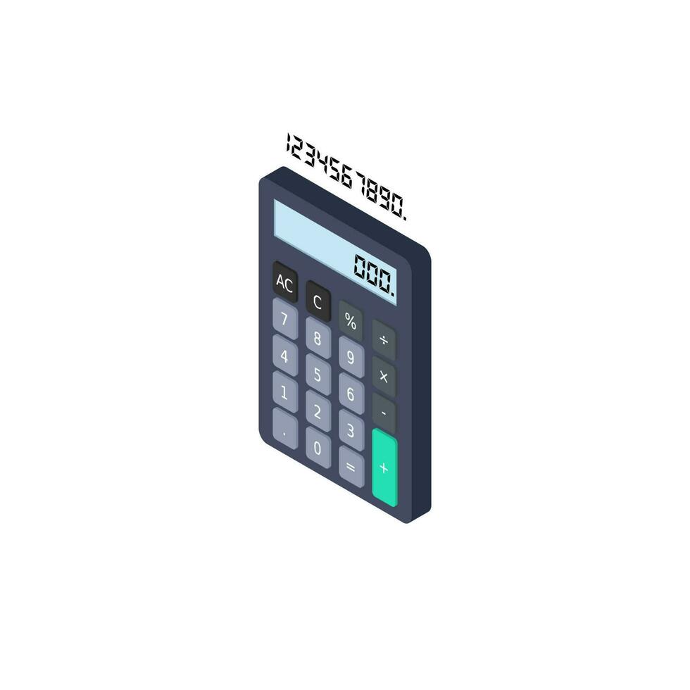 Calculator and Digital number left view White Background icon vector isometric. Flat style vector illustration.