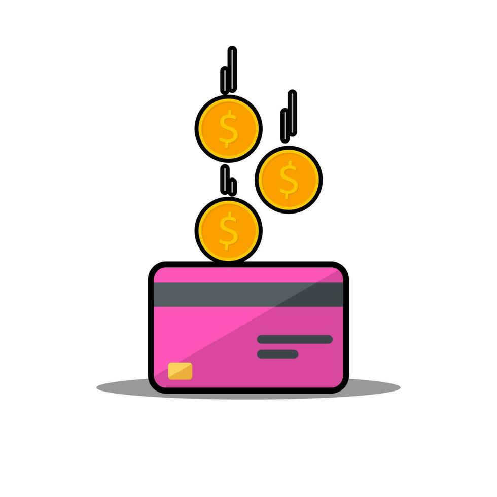 Cash get a bank card Pink - Black Stroke with Shadow icon vector isolated. Cashback service and online money refund. Concept of transfer money, e-commerce, saving account.