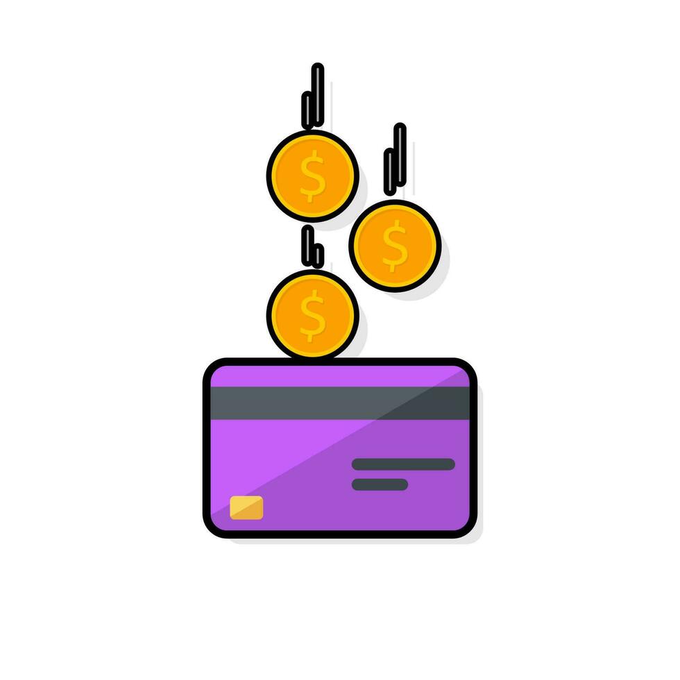 Cash get a bank card Purple - Black Stroke with Shadow icon vector isolated. Cashback service and online money refund. Concept of transfer money, e-commerce, saving account.