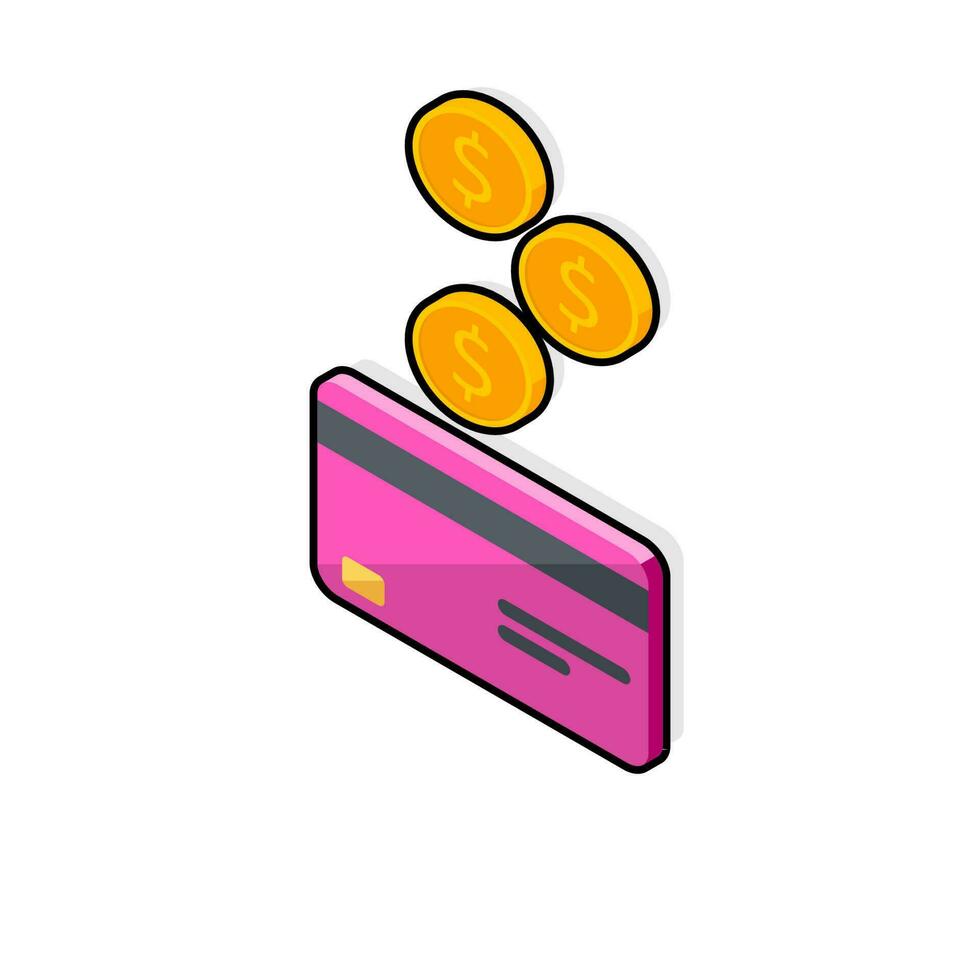 Cash get a bank card Pink left view - Black Stroke with Shadow icon vector isometric. Cashback service and online money refund. Concept of transfer money, e-commerce, saving account.