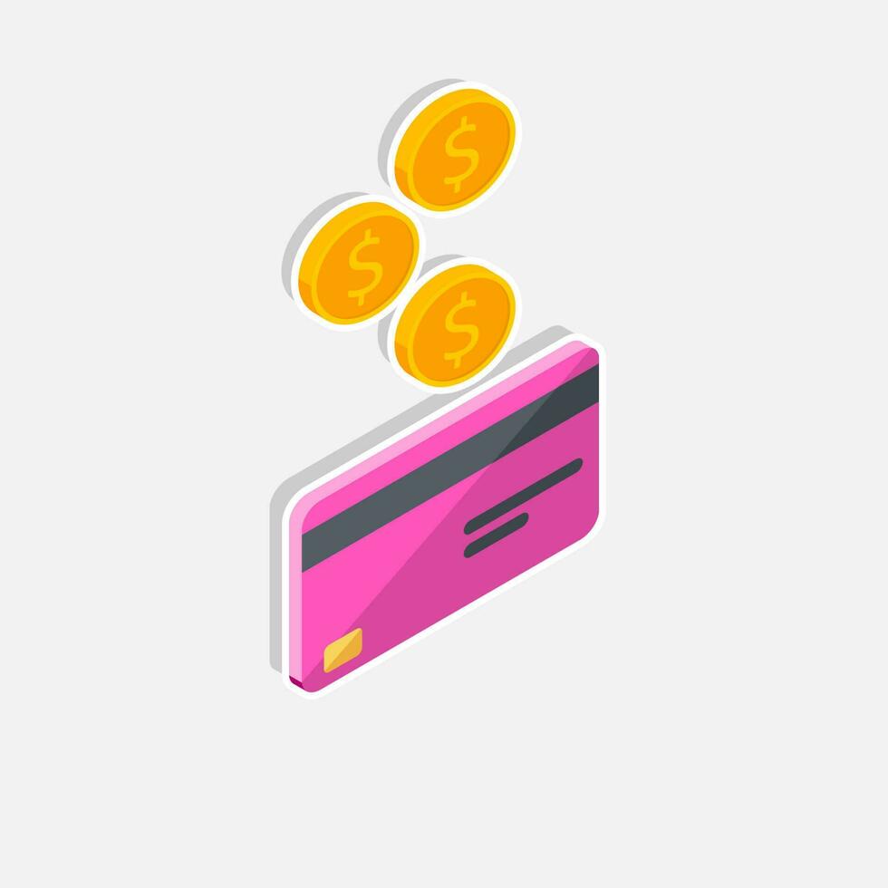 Cash get a bank card Pink right view - White Stroke with Shadow icon vector isometric. Cashback service and online money refund. Concept of transfer money, e-commerce, saving account.