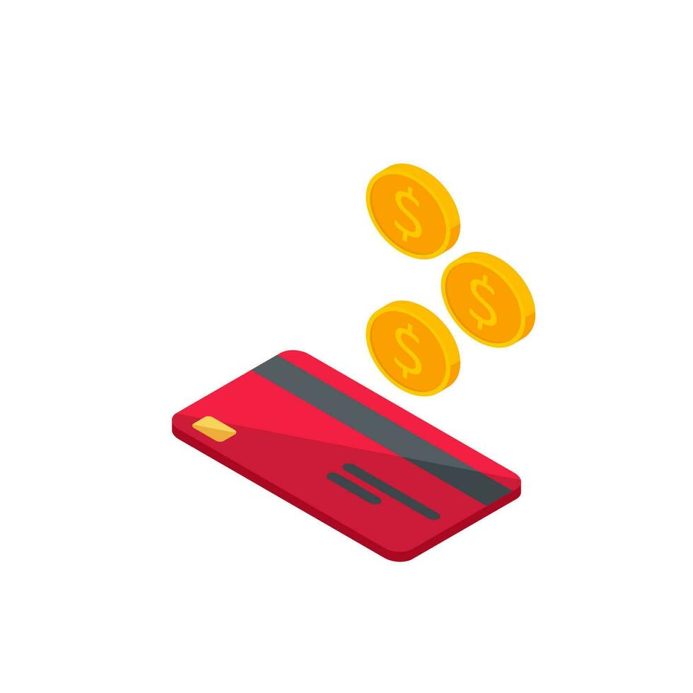 Cash get a bank card Red left view - White Background icon vector isometric. Cashback service and online money refund. Concept of transfer money, e-commerce, saving account.